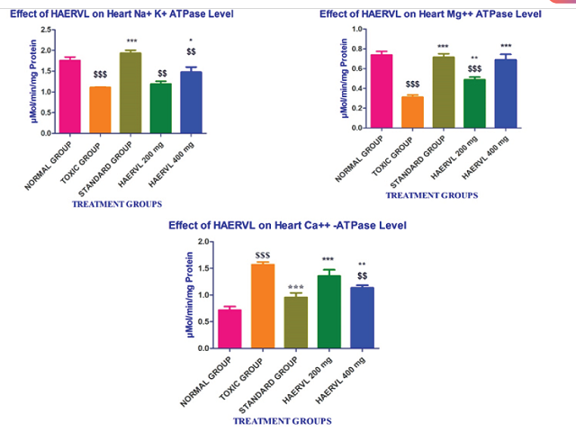 Effect of HAERVL on cardiac membrane bounded enzymes. Values are represented as Mean±SEM (n=6). Statistical analysis was performed using one-way ANOVA followed by post hoc Dunnett’s test ***p<0.001, **p<0.01, *p<0.05 Vs toxic group; $$$p<0.001, $$p<0.01, $p<0.05Vs normal group.