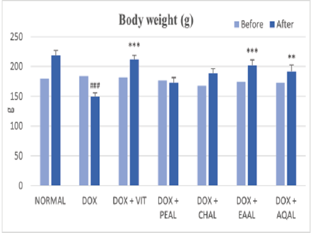 Effect of fractions of Artocarpus lakoocha R. on Body weight Values are Mean+SEM; n=6 in each group, ### p<0.001 when compared to control, *** p<0.001, ** p<0.01 when compared to DOX using one-way ANOVA (Bonferroni's Multiple Comparison Test).