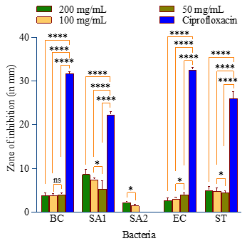 Comparative antibacterial activity of A. scholaris bark extract and ciprofloxacin against Bacillus cereus (BC), Staphylococcus aureus 1 (SA1), Staphylococcus aureus 2 (SA2), Escherichia coli (EC), and Salmonella typhi (ST). Values are in means±standard error of means (n=3); ****p≤0.0001; *p<0.05, ns=not significant