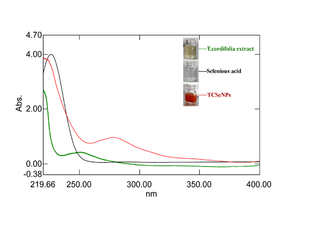 UV-Vis spectrum of T. cordifolia extract, TC-SeNPs, and Selenious acid.