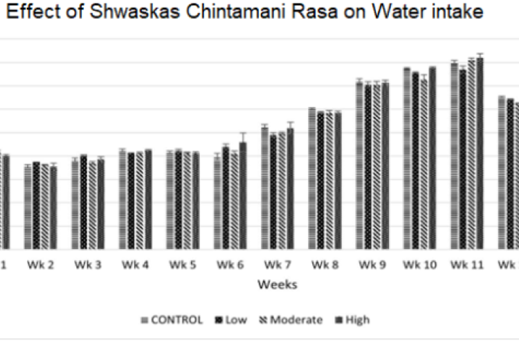 Water Intake following 13 weeks of administration of Low, Moderate and High Doses of Shwaskas Chintamani Rasa.