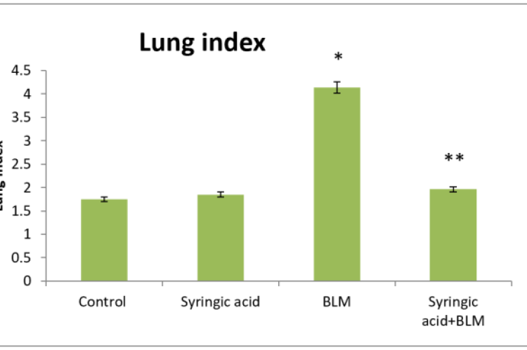 Effect of Syringic acid on the rat lung index of BLM-induced pulmonary fibrosis. Values are presented as mean±SEM (n=8). * p<0.001 Indicate significant difference compared with the control group; ** p<0.01 vs BLM-treated rats. BLM: Bleomycin.