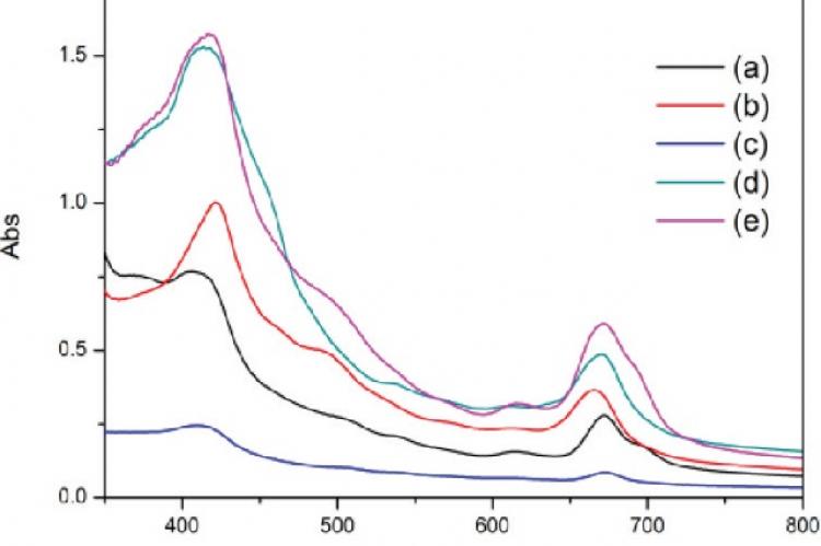 The absorbance curves of different algae extracted by UM method. (a) Wuxi sample (b) Cultured algae (c) Seaweed (d) Spirogyra (e) Changzhou sample.