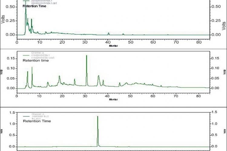 (a) HPLC profile of aqueous extract, (b): HPLC profile of ethanolic extract (c): HPLC profile of Thymoquinone