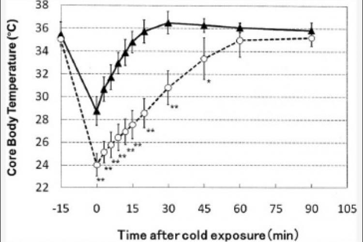 Time course of the changes in core body temperature after cold exposure with (open circles) 