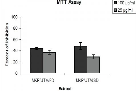 Bar chart showing cytotoxic properties of two O. stamineus freeze and spray dried extracts by MTT assay. Bars represent the percent of cell growth inhibition of MDAMB- 231 breast cancer cell line.