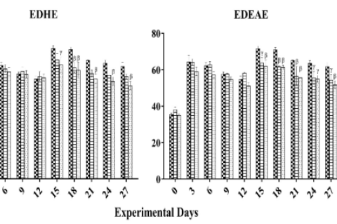 Effect of EDHE and EDEAE on rat paw-edema of different experimental groups of chronic arthritic experiment. The data is presented as the mean±S.E.M. of six rats each group (n=6). Two-way ANOVA was performed following Dunnett’s post hoc comparison test (β denotes p≤0.01; ᵞdenotes p≤0.05).